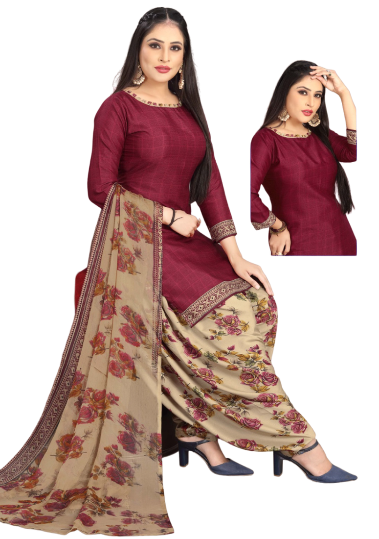 Unstitched printed crepe kurta & patiyala dress material with top, bottom & dupatta