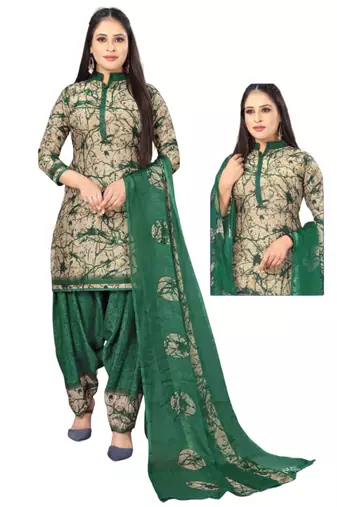 Unstitched printed crepe kurta & patiyala dress material with top, bottom & dupatta