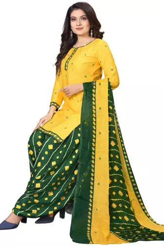Unstitched printed crepe kurta & patiyala dress material with top, bottom & dupatta