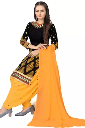 Unstitched printed crepe kurta & patiyala dress material with top, bottom & dupatta
