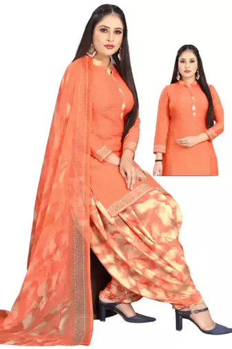 Unstitched printed crepe kurta & patiyala dress material with top, bottom & dupatta