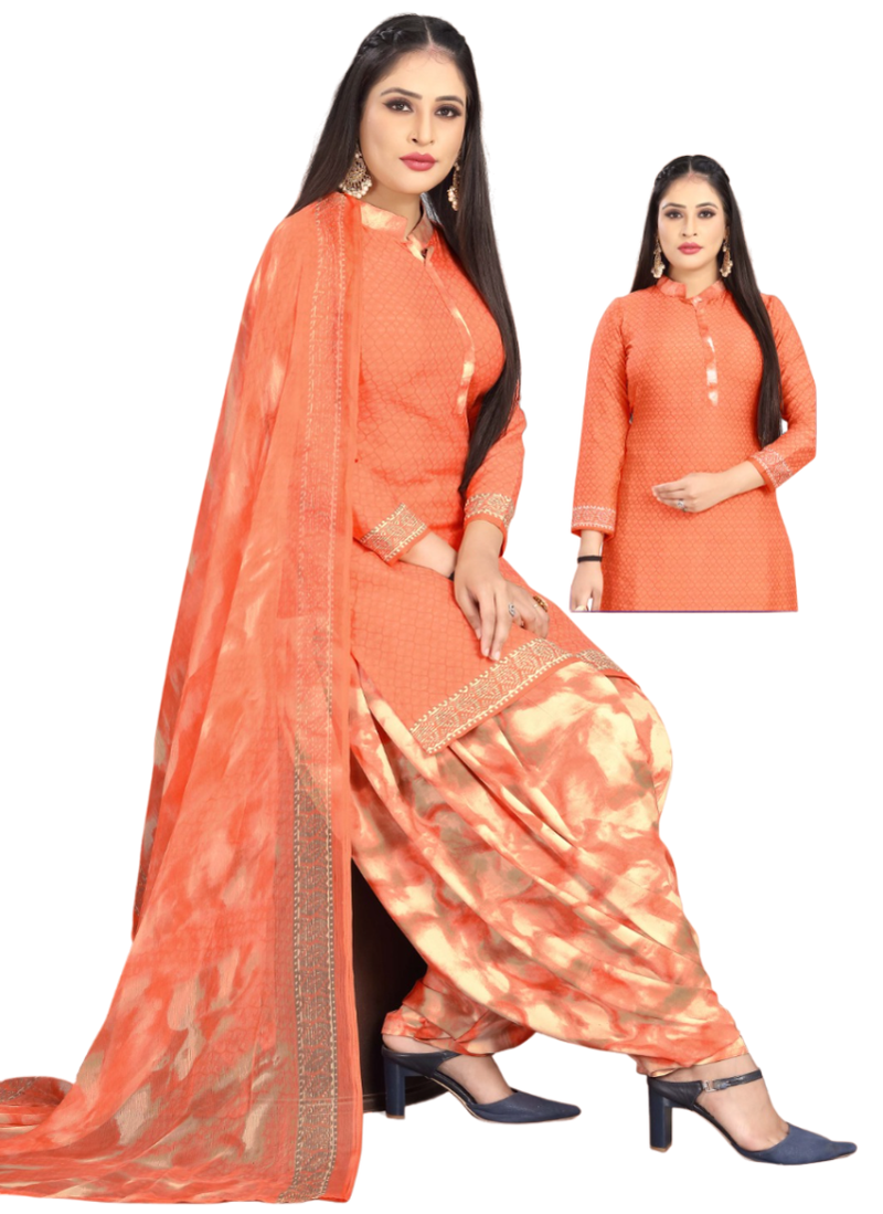 Unstitched printed crepe kurta & patiyala dress material with top, bottom & dupatta