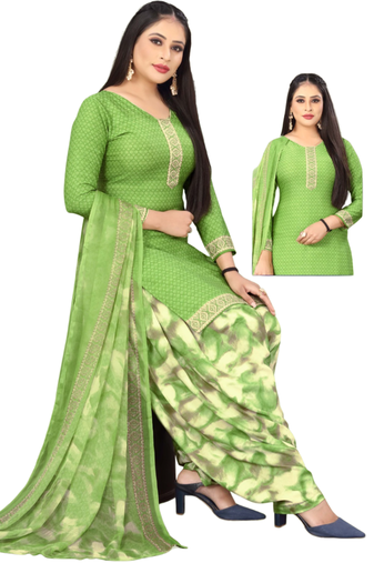 Unstitched printed crepe kurta & patiyala dress material with top, bottom & dupatta