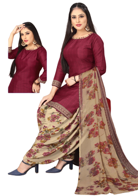 Unstitched printed crepe kurta & patiyala dress material with top, bottom & dupatta 2