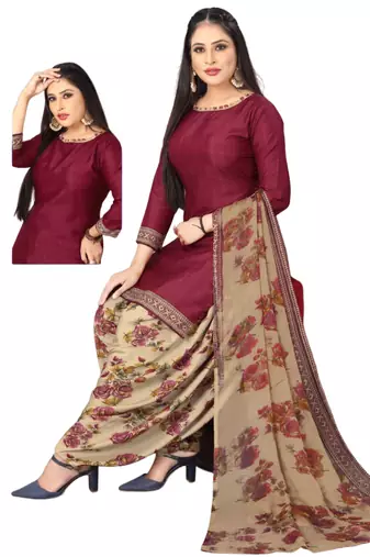 Unstitched printed crepe kurta & patiyala dress material with top, bottom & dupatta