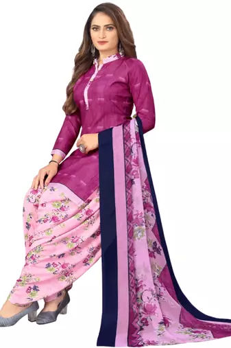Unstitched printed crepe kurta & patiyala dress material with top, bottom & dupatta