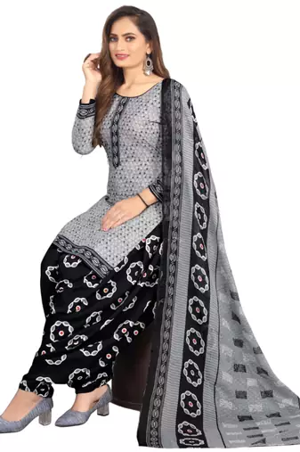 Unstitched printed crepe kurta & patiyala dress material with top, bottom & dupatta