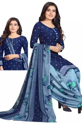 Unstitched printed crepe kurta & patiyala dress material with top, bottom & dupatta