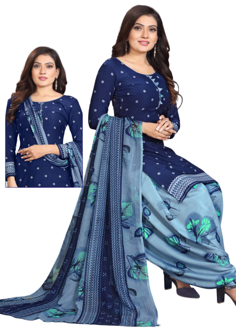 Unstitched printed crepe kurta & patiyala dress material with top, bottom & dupatta