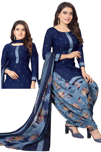 Unstitched printed crepe kurta & patiyala dress material with top, bottom & dupatta
