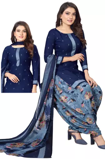 Unstitched printed crepe kurta & patiyala dress material with top, bottom & dupatta