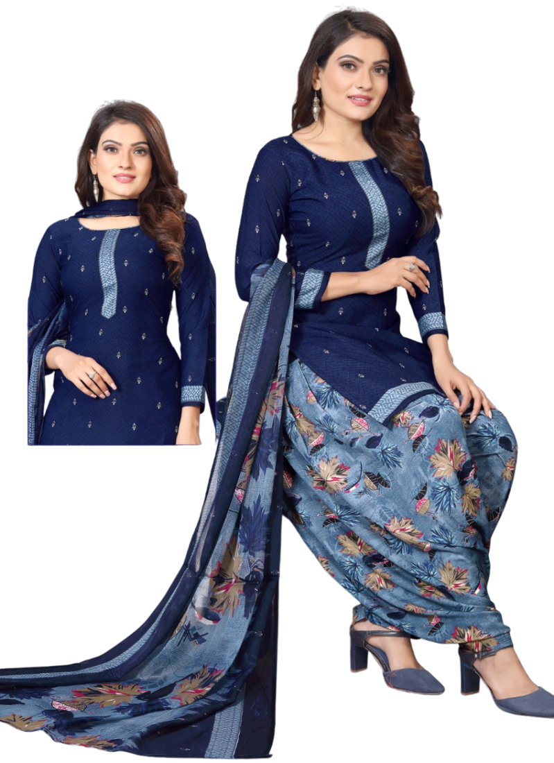 Unstitched printed crepe kurta & patiyala dress material with top, bottom & dupatta
