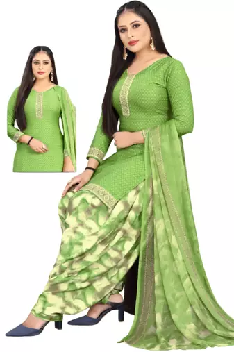 Unstitched printed crepe kurta & patiyala dress material with top, bottom & dupatta