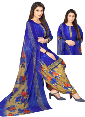 Unstitched printed crepe kurta & patiyala dress material with top, bottom & dupatta 1