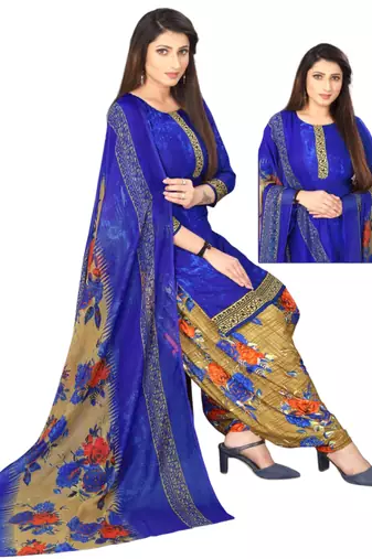 Unstitched printed crepe kurta & patiyala dress material with top, bottom & dupatta