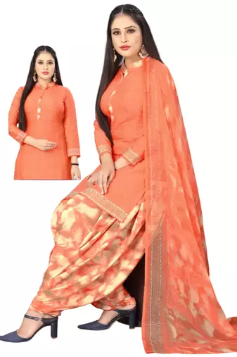 Unstitched printed crepe kurta & patiyala dress material with top, bottom & dupatta