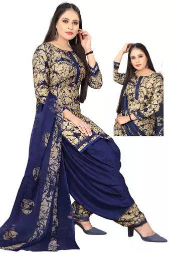 Unstitched printed crepe kurta & patiyala dress material with top, bottom & dupatta