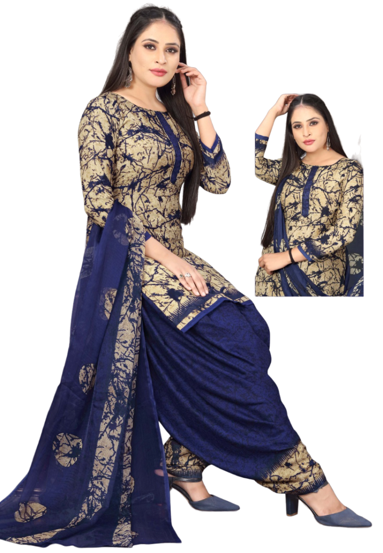Unstitched printed crepe kurta & patiyala dress material with top, bottom & dupatta