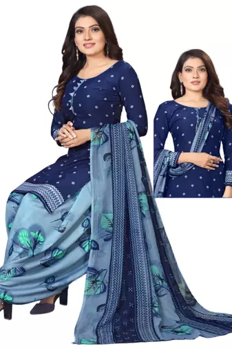 Unstitched printed crepe kurta & patiyala dress material with top, bottom & dupatta