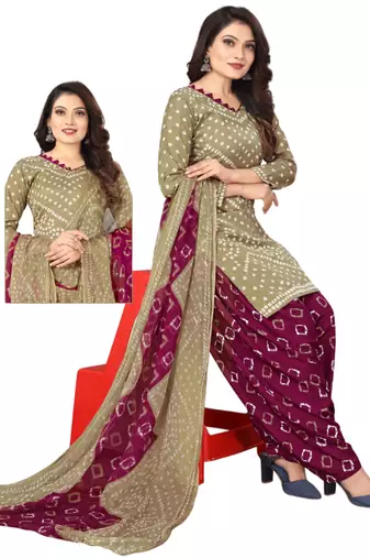 Unstitched printed crepe kurta & patiyala dress material with top, bottom & dupatta