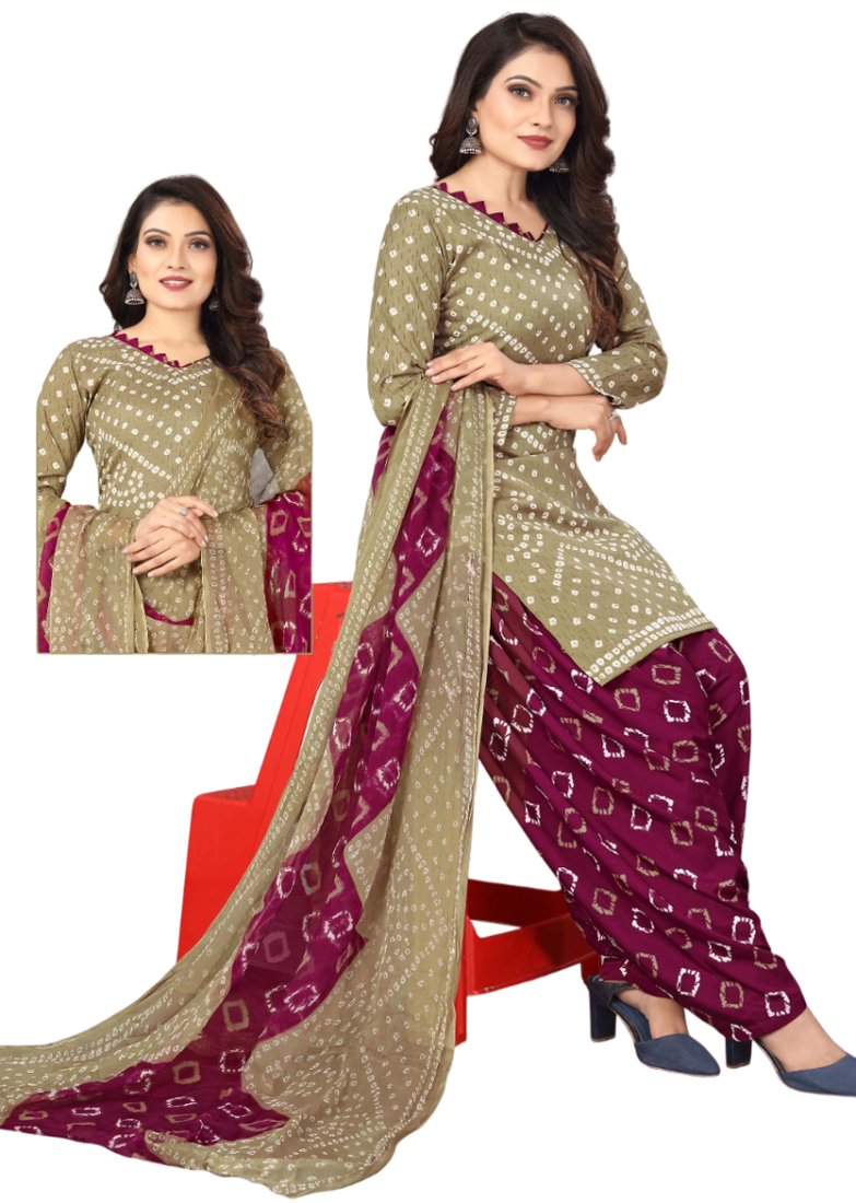 Unstitched printed crepe kurta & patiyala dress material with top, bottom & dupatta