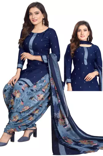 Unstitched printed crepe kurta & patiyala dress material with top, bottom & dupatta