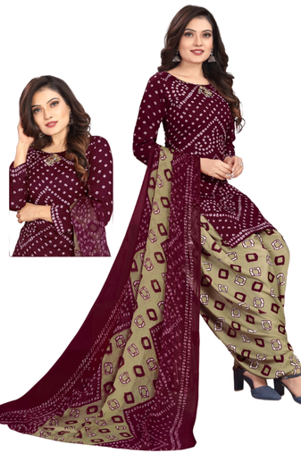 Unstitched printed crepe kurta & patiyala dress material with top, bottom & dupatta