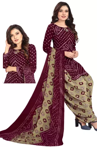 Unstitched printed crepe kurta & patiyala dress material with top, bottom & dupatta