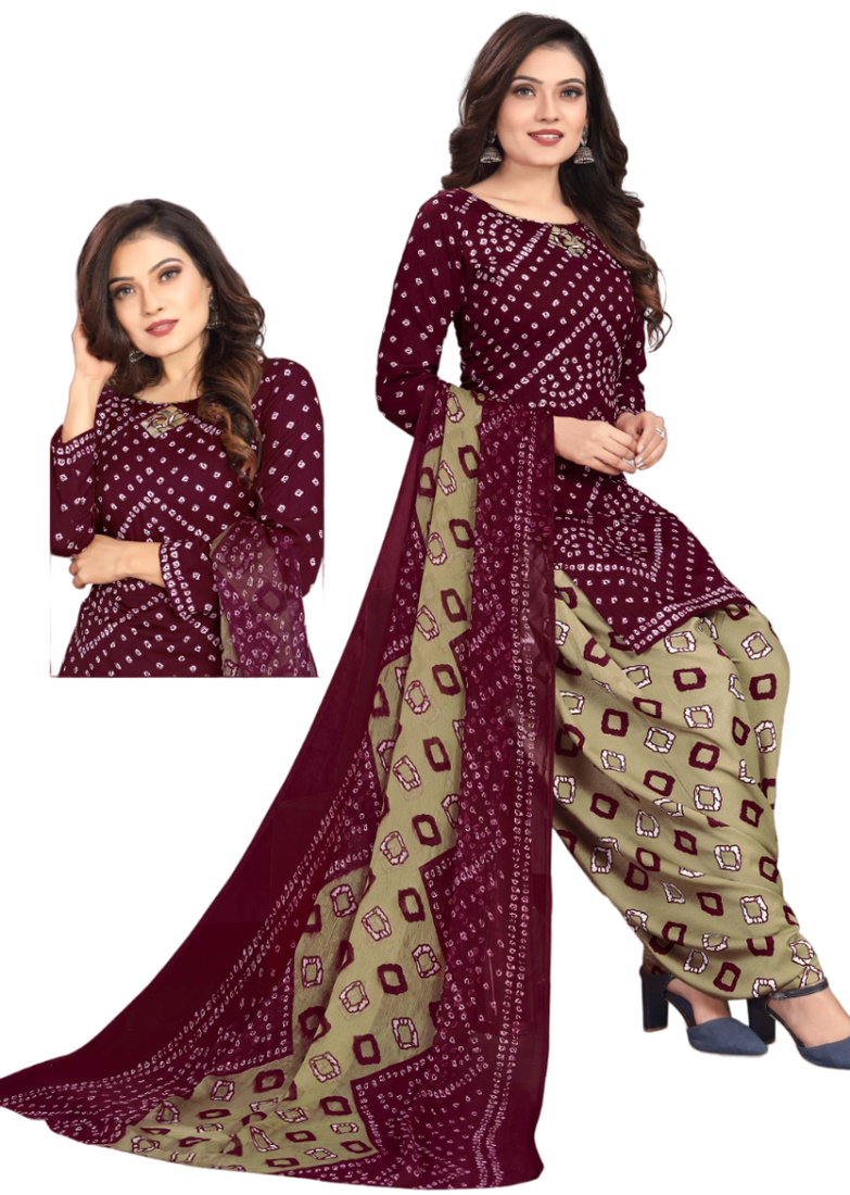Unstitched printed crepe kurta & patiyala dress material with top, bottom & dupatta