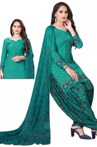 Unstitched printed crepe kurta & patiyala dress material with top, bottom & dupatta