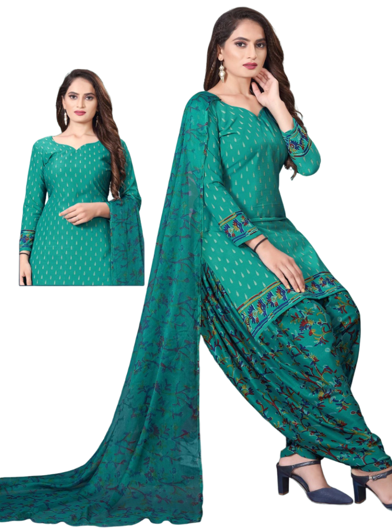 Unstitched printed crepe kurta & patiyala dress material with top, bottom & dupatta