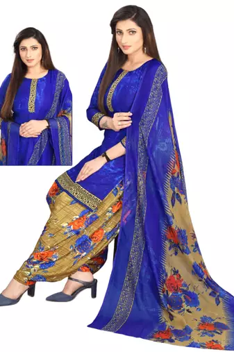 Unstitched printed crepe kurta & patiyala dress material with top, bottom & dupatta