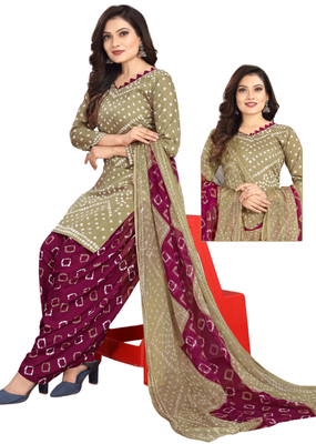 Unstitched printed crepe kurta & patiyala dress material with top, bottom & dupatta 2