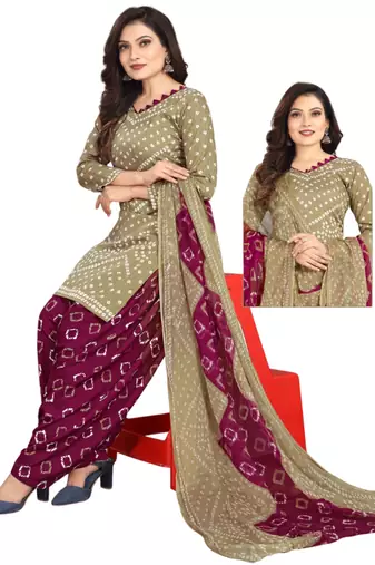 Unstitched printed crepe kurta & patiyala dress material with top, bottom & dupatta