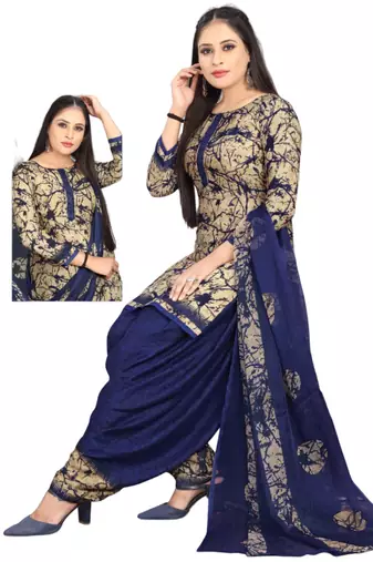 Unstitched printed crepe kurta & patiyala dress material with top, bottom & dupatta