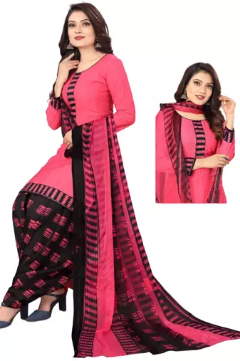 Unstitched printed crepe kurta & patiyala dress material with top, bottom & dupatta