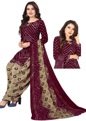 Unstitched printed crepe kurta & patiyala dress material with top, bottom & dupatta 2