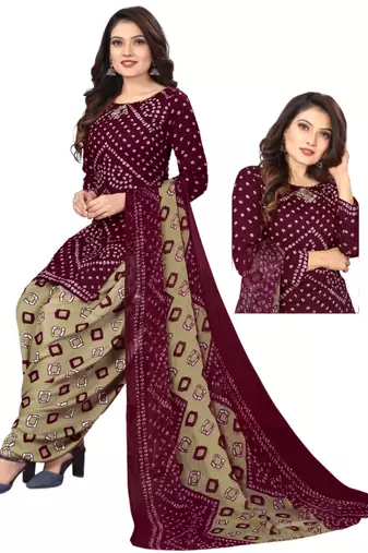 Unstitched printed crepe kurta & patiyala dress material with top, bottom & dupatta
