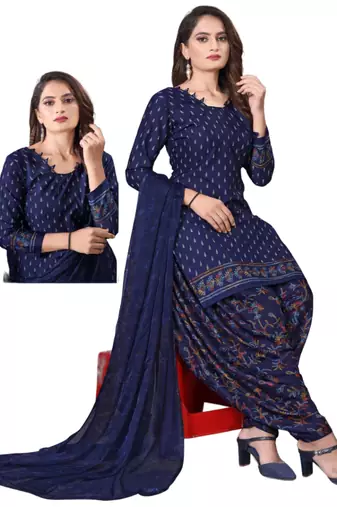 Unstitched printed crepe kurta & patiyala dress material with top, bottom & dupatta