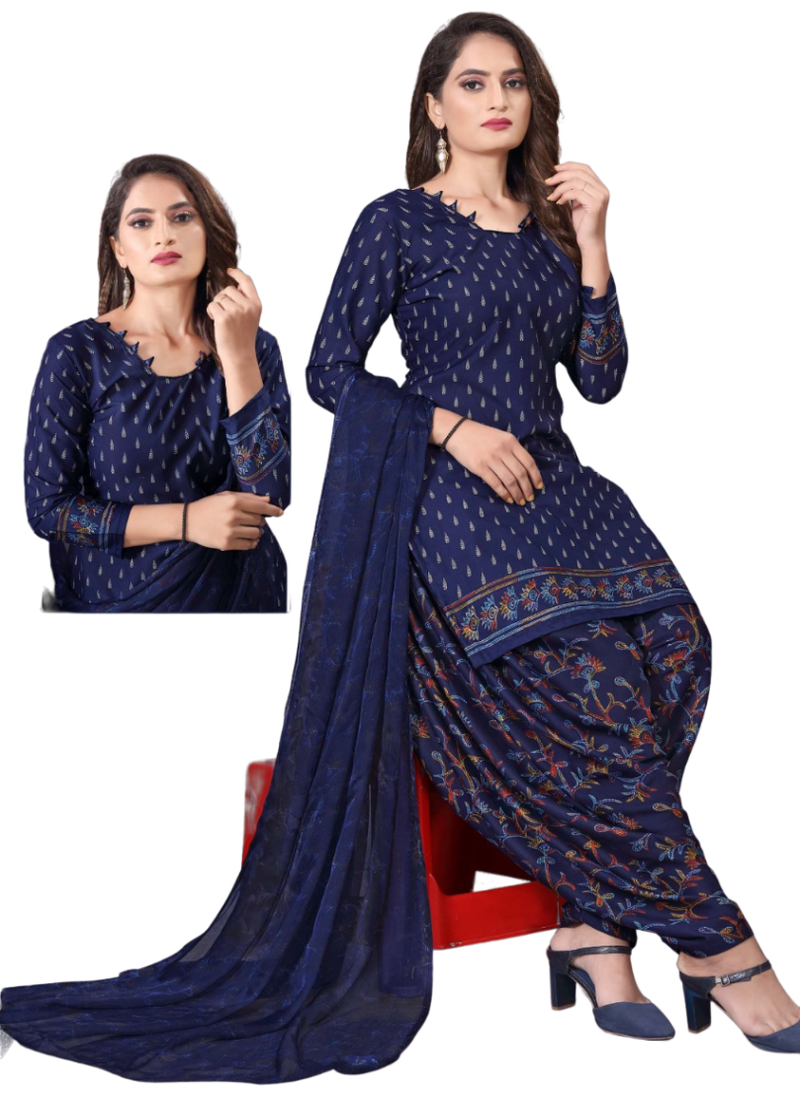 Unstitched printed crepe kurta & patiyala dress material with top, bottom & dupatta