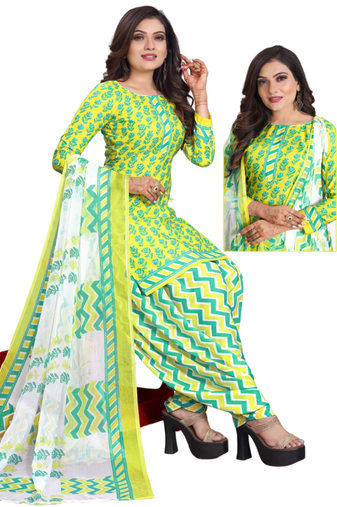 Unstitched printed crepe kurta & patiyala dress material with top, bottom & dupatta
