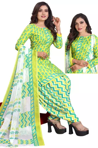 Unstitched printed crepe kurta & patiyala dress material with top, bottom & dupatta