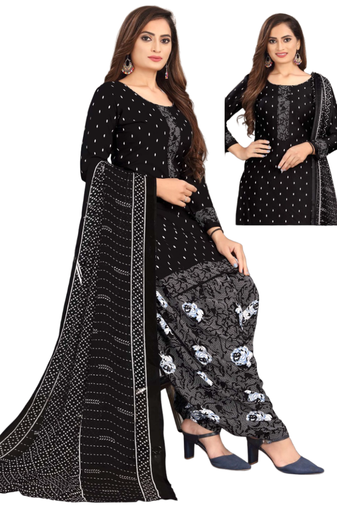 Unstitched printed crepe kurta & patiyala dress material with top, bottom & dupatta