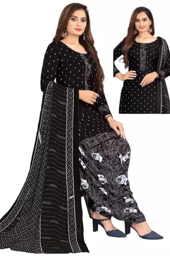 Unstitched printed crepe kurta & patiyala dress material with top, bottom & dupatta
