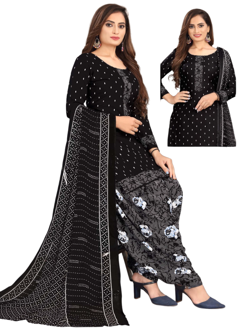 Unstitched printed crepe kurta & patiyala dress material with top, bottom & dupatta