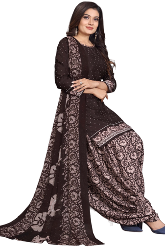 Unstitched printed crepe kurta & patiyala dress material with top, bottom & dupatta