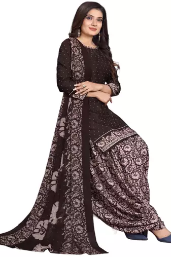 Unstitched printed crepe kurta & patiyala dress material with top, bottom & dupatta