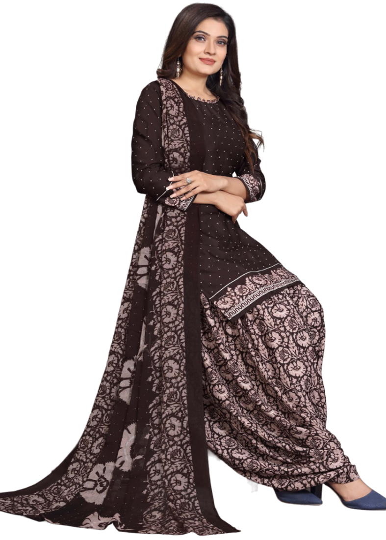 Unstitched printed crepe kurta & patiyala dress material with top, bottom & dupatta