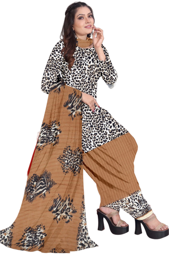 Unstitched printed crepe kurta & patiyala dress material with top, bottom & dupatta