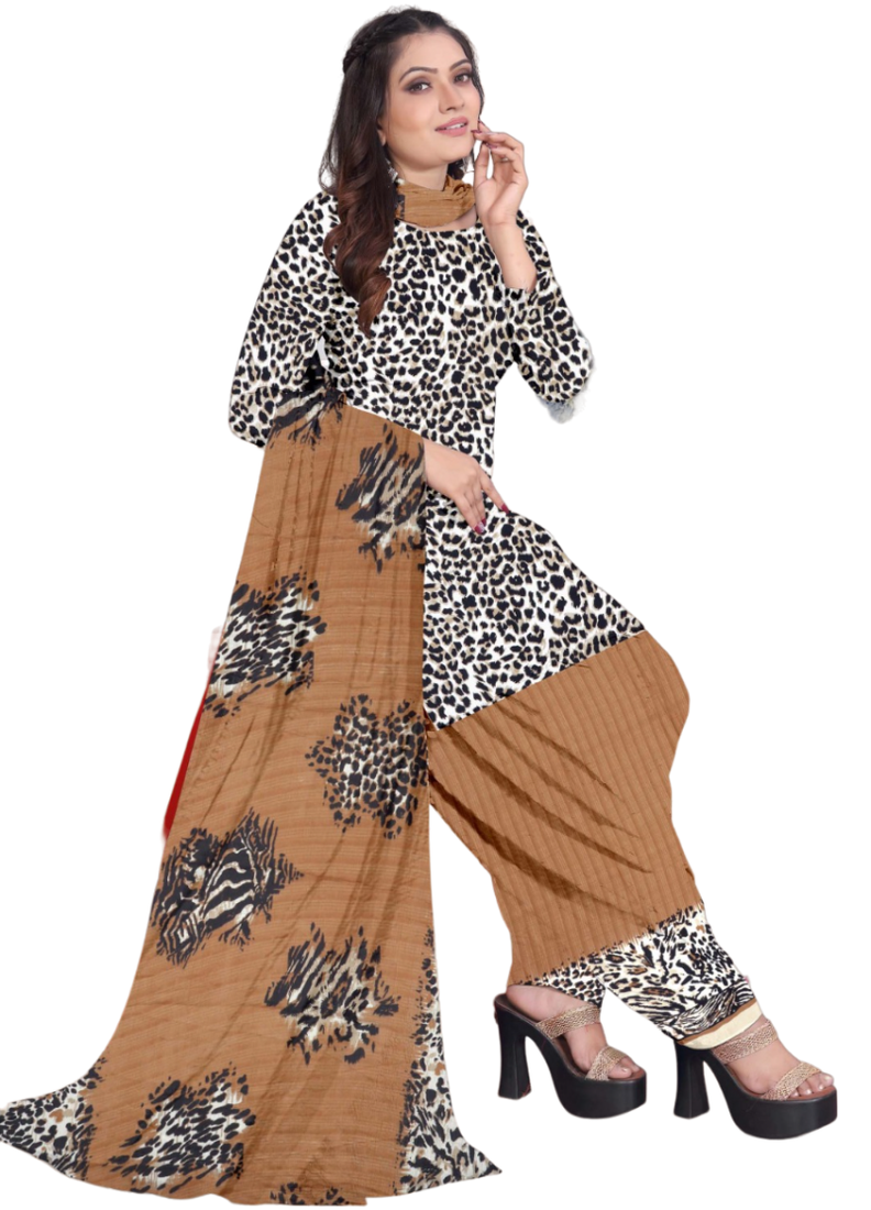 Unstitched printed crepe kurta & patiyala dress material with top, bottom & dupatta